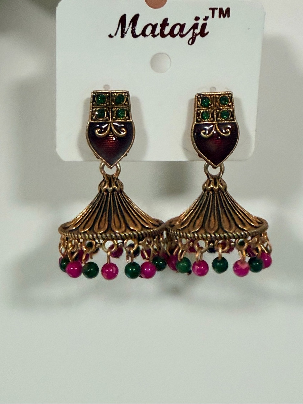 Maaji Gold Jhumka Earrings with Green and Pink Beads